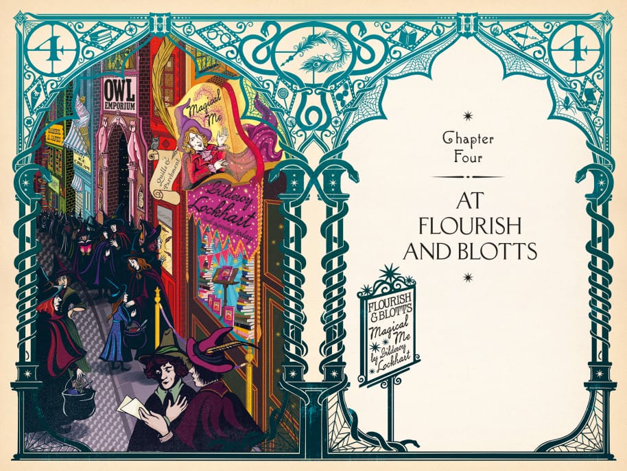 The Floreios & Blurs store in Harry Potter and the Chamber of Secrets, illustrated by minalima studio