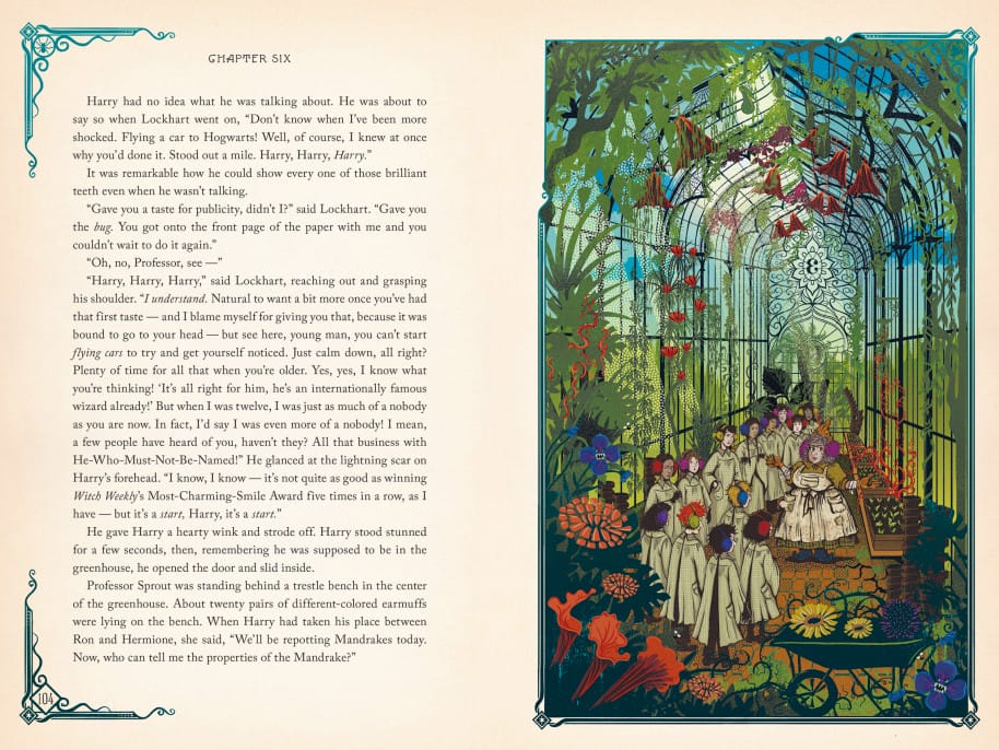 Herbology class in the greenhouse in Harry Potter and the Chamber of Secrets, illustrated by minalima studio