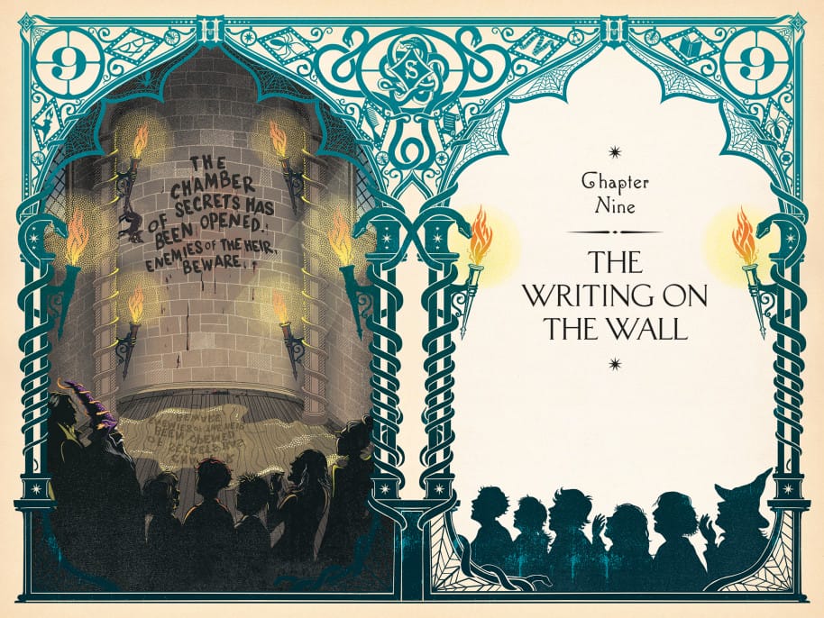 Introdução do capítulo em que a Câmara Secreta é aberta em Harry Potter, ilustrada pelo estúdio MinaLima