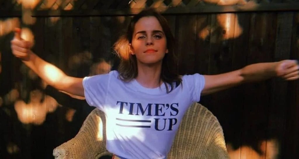 Emma Watson wears a T-shirt to support the march Time’s Up, against sexual harassment in the film industry